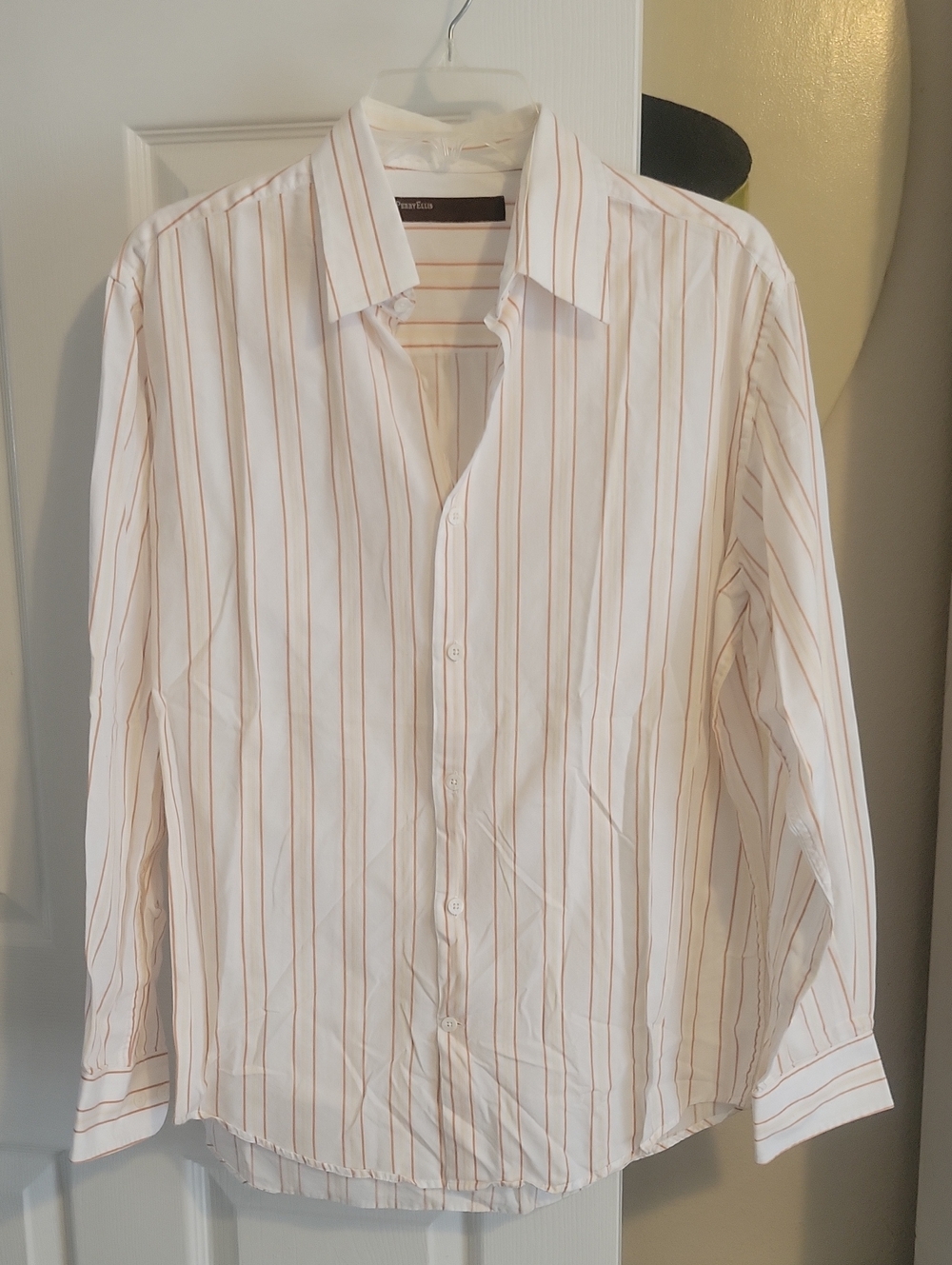 Perry Ellis SzMed 100% Cotton White Dress Shirt Thin  w/Creme, Rust Pin Stripes